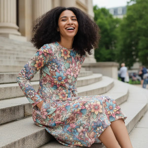 Floral Long Sleeve Midi – Stretch Comfort - Dipaliz - Dresses - Xs
