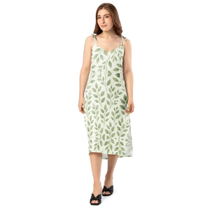 Green Eucalyptus Leaves Midi Dress Built-in Bra - Dipaliz - Dresses