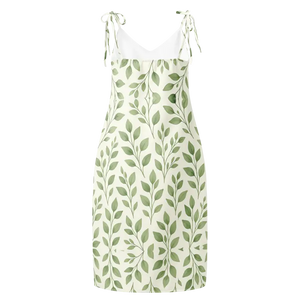 Green Eucalyptus Leaves Midi Dress Built-in Bra - Dipaliz - Dresses