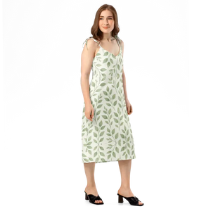 Green Eucalyptus Leaves Midi Dress Built-in Bra - Dipaliz - Dresses