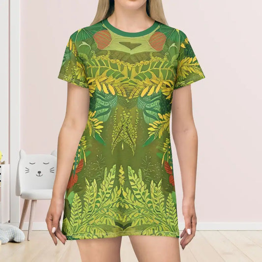 Vibrant Green Foliage All-over Print T-shirt Dress - Xs All Over Prints