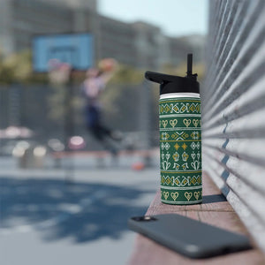 Green Folk Pattern Stainless Steel Water Bottle, Insulated Floral Travel - Bottles