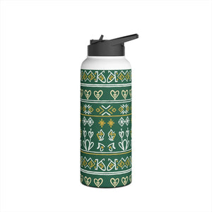 Green Folk Pattern Stainless Steel Water Bottle, Insulated Floral Travel - Bottles