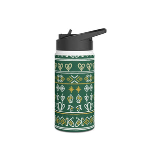 Green Folk Pattern Stainless Steel Water Bottle, Insulated Floral Travel - Bottles