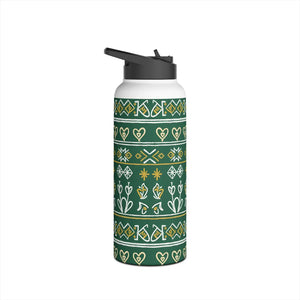 Green Folk Pattern Stainless Steel Water Bottle, Insulated Floral Travel - Bottles