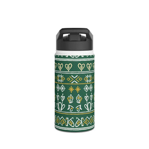Green Folk Pattern Stainless Steel Water Bottle, Insulated Floral Travel - Bottles