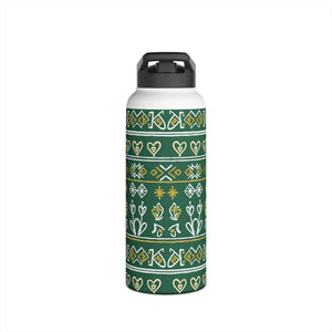 Green Folk Pattern Stainless Steel Water Bottle, Insulated Floral Travel - Bottles