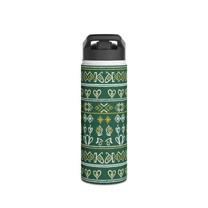 Green Folk Pattern Stainless Steel Water Bottle, Insulated Floral Travel - Bottles