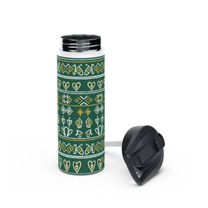 Green Folk Pattern Stainless Steel Water Bottle, Insulated Floral Travel - Bottles