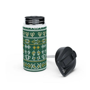 Green Folk Pattern Stainless Steel Water Bottle, Insulated Floral Travel - Bottles