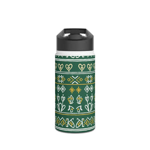 Green Folk Pattern Stainless Steel Water Bottle, Insulated Floral Travel - Bottles