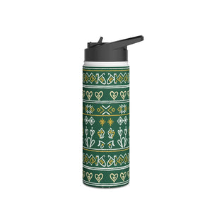 Green Folk Pattern Stainless Steel Water Bottle, Insulated Floral Travel - Bottles