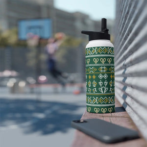 Green Folk Pattern Stainless Steel Water Bottle, Insulated Floral Travel - Bottles