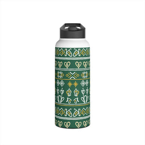 Green Folk Pattern Stainless Steel Water Bottle, Insulated Floral Travel - Bottles