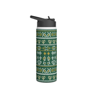 Green Folk Pattern Stainless Steel Water Bottle, Insulated Floral Travel - Bottles