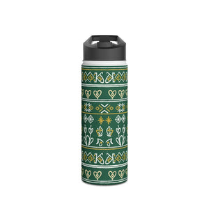 Green Folk Pattern Stainless Steel Water Bottle, Insulated Floral Travel - Bottles