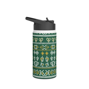 Green Folk Pattern Stainless Steel Water Bottle, Insulated Floral Travel - Bottles