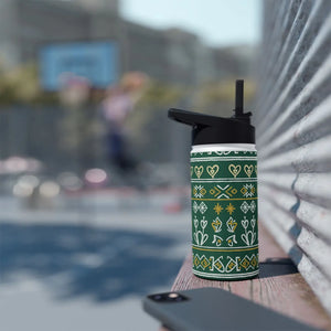 Green Folk Pattern Stainless Steel Water Bottle, Insulated Floral Travel - Bottles