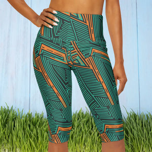 Vibrant Orange Striped Yoga Capri - 4-way Stretch - Dipaliz - Leggings