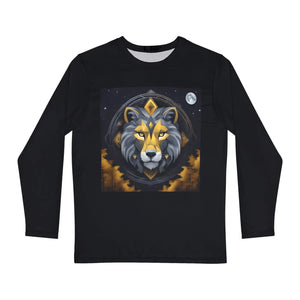 A Grey Lion on Full Moon with Yellow Accents in Winter Night Men’s Long Sleeve Aop Shirt - T-shirts