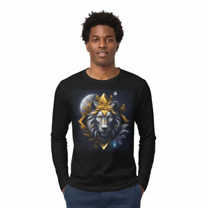 A Grey Lion on Full Moon with Yellow Accents in Winter Night Men’s Long Sleeve Aop Shirt - T-shirts