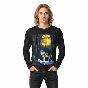 A Grey Wolf on Full Moon in Winter Night Men’s Long Sleeve Aop Shirt - T-shirts