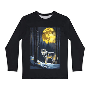 A Grey Wolf on Full Moon in Winter Night Men’s Long Sleeve Aop Shirt - T-shirts