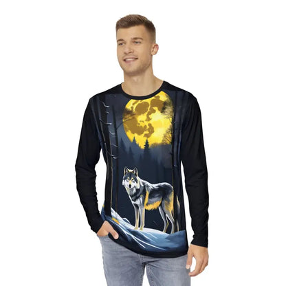 Howl at the Moon: Men’s Grey Wolf Long Sleeve Tee - All Over Prints