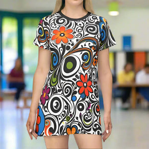 Groovy T-shirt Dress - Sustainable Swirls Flowers Style - Dipaliz - Dresses