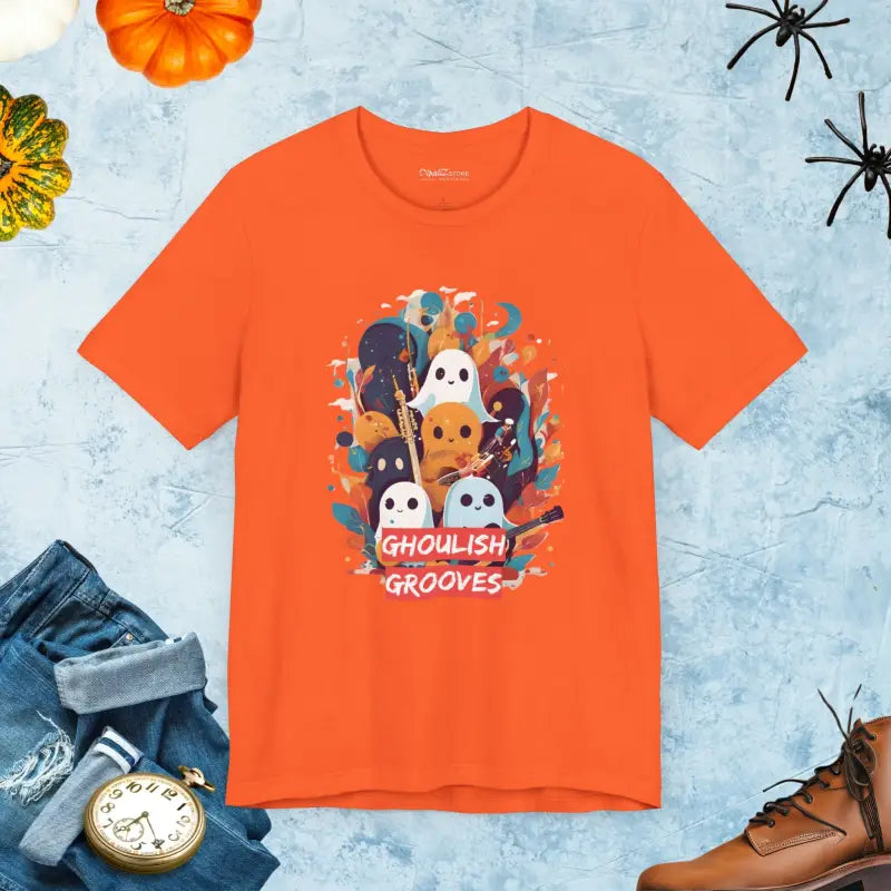 Ghoulish Grooves Ghosts Tee: Rock Halloween in Style! - Orange / s T-shirt