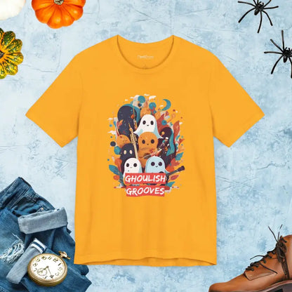 Ghoulish Grooves Ghosts Tee: Rock Halloween in Style! - Gold / s T-shirt