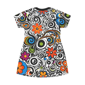 Groovy T-shirt Dress - Sustainable Swirls Flowers Style - Dipaliz - Dresses