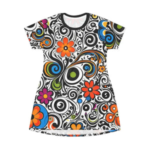 Groovy T-shirt Dress - Sustainable Swirls Flowers Style - Dipaliz - Dresses