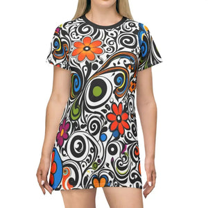 Groovy T-shirt Dress - Sustainable Swirls Flowers Style - Dipaliz - Xs - Dresses