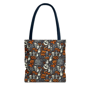 Aop Tote Bag Halloween Pattern Boxed Corners Spooky Chic - Dipaliz - 13’’ × / Navy - Bags