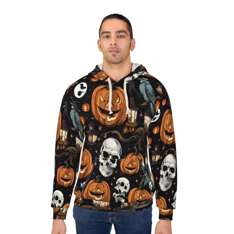 Spooky Style: Aop Unisex Pullover Hoodie with Pumpkins & Skulls - All Over Prints