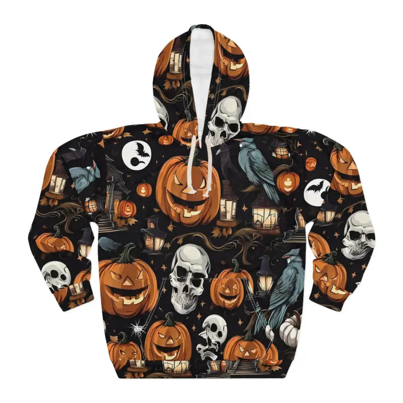 Spooky Style: Aop Unisex Pullover Hoodie with Pumpkins & Skulls - s All Over Prints