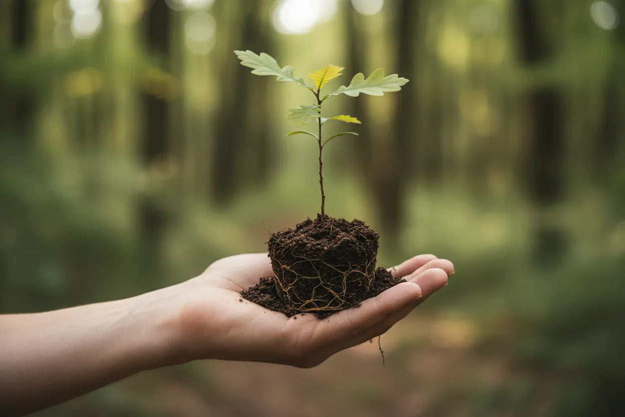 Hand holding oak sapling with soil