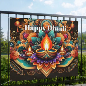 Home Decor - Happy Diwali Stunning Matte Banner with Brass Grommets - Dipaliz