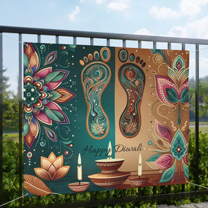 Vibrant Happy Diwali Banner Laxmi Feet Design 15oz Block-out Scrim Dipaliz - Banners