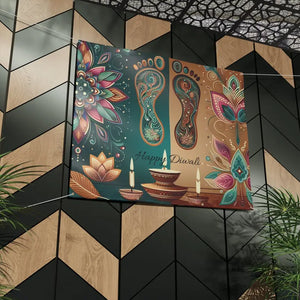 Vibrant Happy Diwali Banner Laxmi Feet Design 15oz Block-out Scrim Dipaliz - Banners