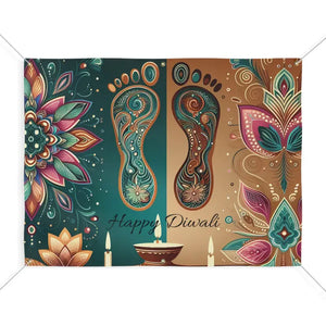 Vibrant Happy Diwali Banner Laxmi Feet Design 15oz Block-out Scrim Dipaliz - 48’’ x 36’’ (horizontal) - Banners