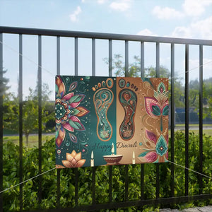 Vibrant Happy Diwali Banner Laxmi Feet Design 15oz Block-out Scrim Dipaliz - Banners