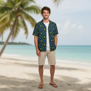 Vibrant Hawaiian Camp Shirt - Blue Lime Geometric - Dipaliz - Shirts - s