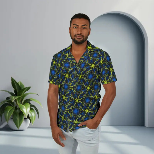 Hawaiian Camp Shirt - Blue Lime Geometric Print - Dipaliz - Xs - Button