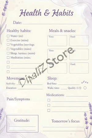 Lavender Habits Tracker Printable Daily Wellness - Dipaliz - Health Care