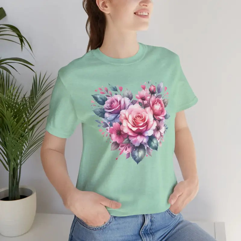 Cozy Heart Blossoms Jersey Short Sleeve Tee - Heather Mint / s T-shirt