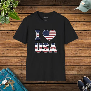 I Heart Usa Patriotic Cotton T-shirt - Softstyle Comfort - Dipaliz - Black / s - T-shirts