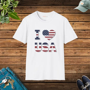 I Heart Usa Patriotic Cotton T-shirt - Softstyle Comfort - Dipaliz - White / s - T-shirts