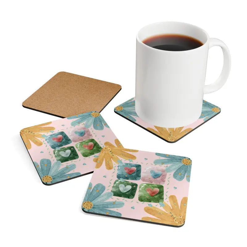 Fall in Love with Heartfelt Hearts Corkwood Coaster Set - Cork / 3.75’’ × / Square Home Decor